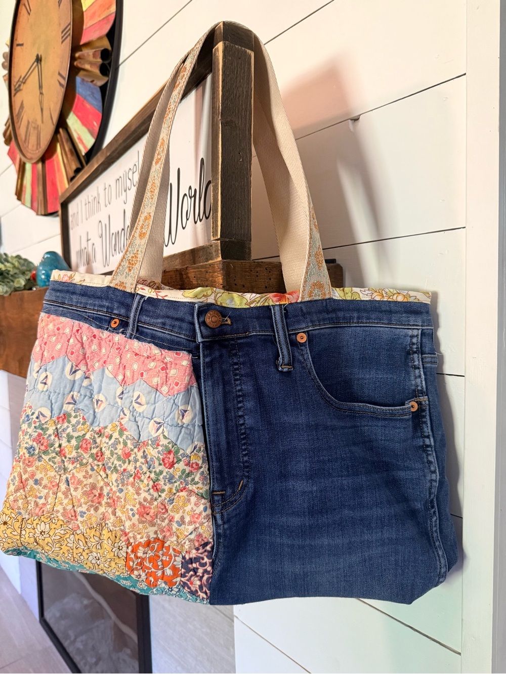 Denim & Floral vintage Patchwork quilt Tote Bag - Multicolor